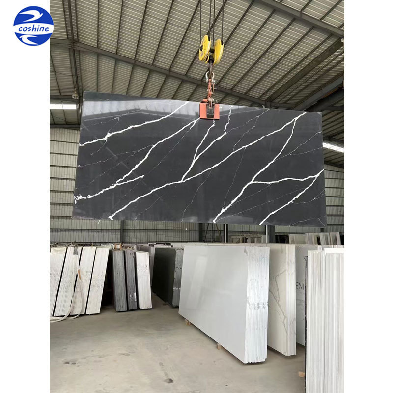 High quality sparkling calacatta black quartz slab for kitchen countertop