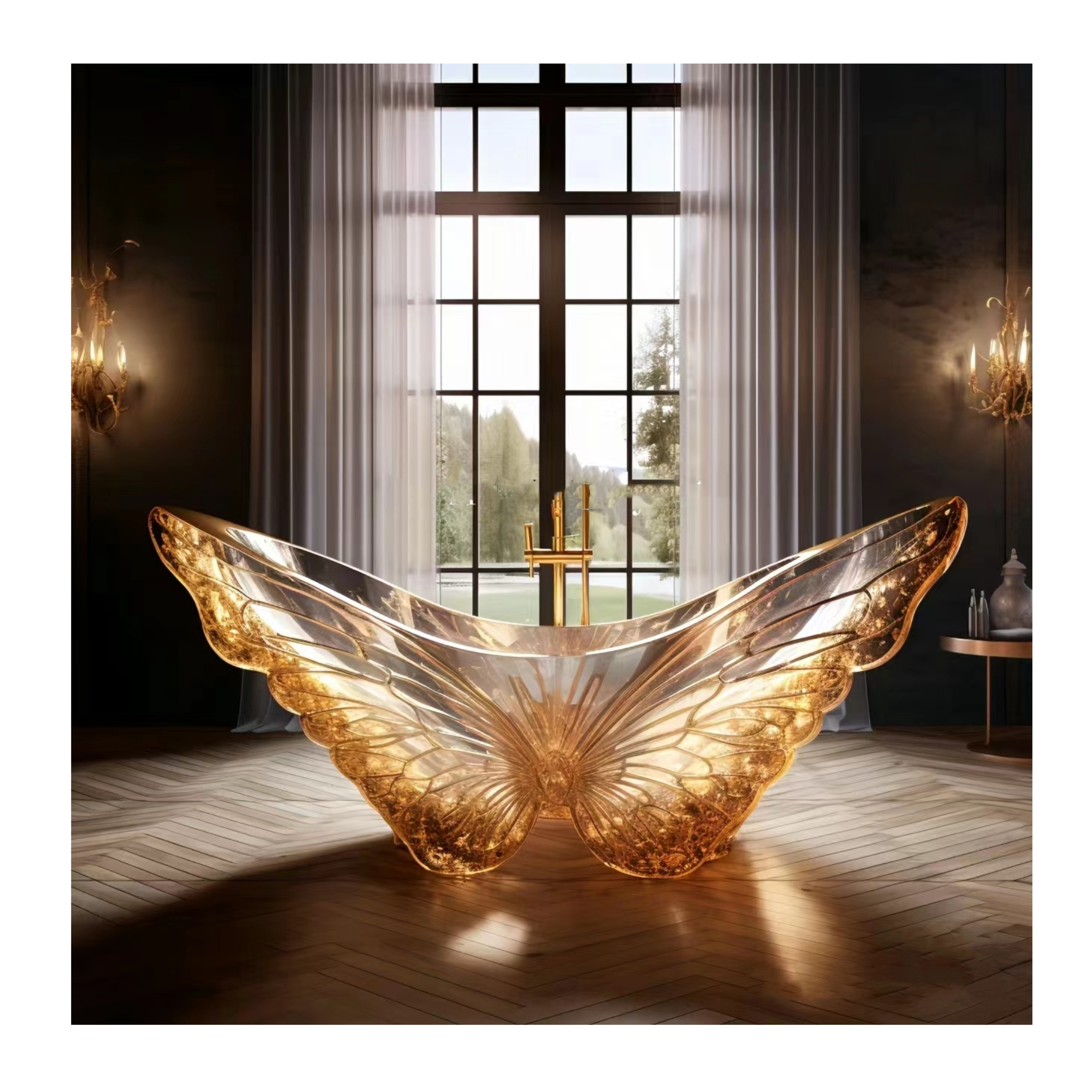 Luxury Acrylic Fiberglass Cast Iron Bath Tub Bathroom Soaking Freestanding Light Transmittance Gold Butterfly Shape Bathtub