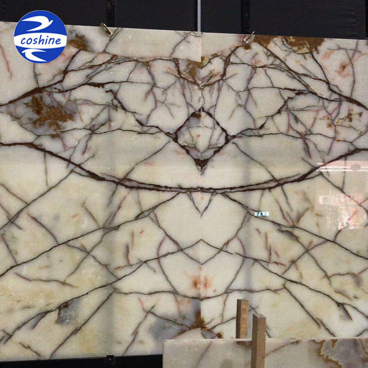 Polished translucent wall used white pink marble panel onyx slab