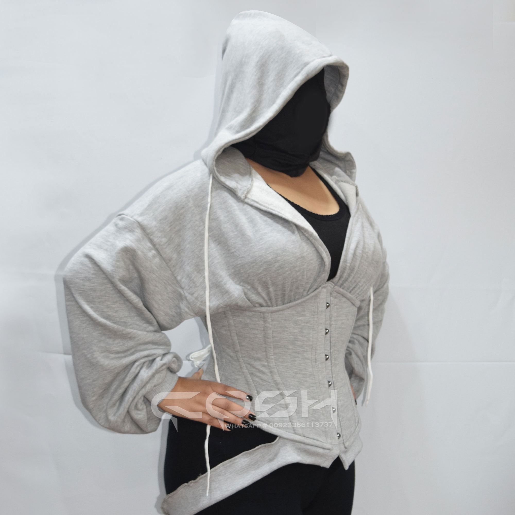 Underbust Steel Boning Sexy Grey Polyester Cotton Fleece Corset lose fitting baggy style lacedup Hoodies Warm Fashion