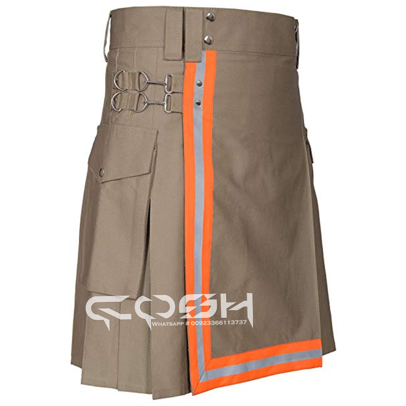 High Performance Beige Cotton Firefighting Kilt With Heat Resistant Fabric And Utility Pockets For Professional Firefighters