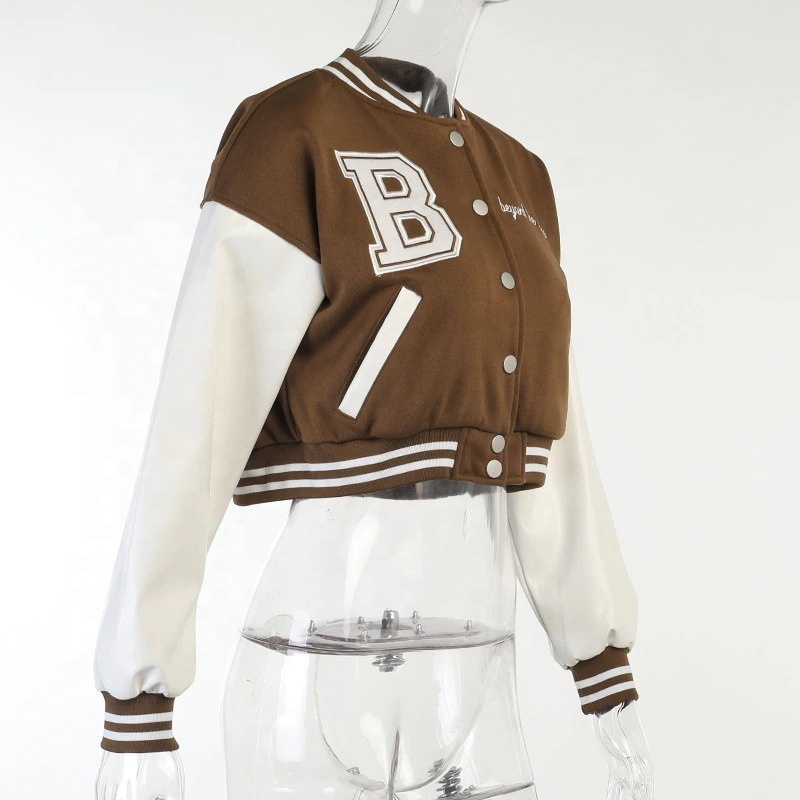 Top Trending custom logo Ladies Cropped Varsity Jackets With Leather Sleeves Supplier