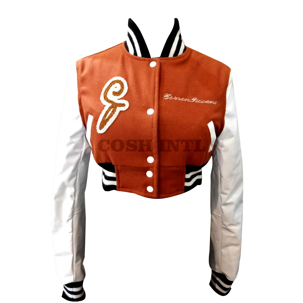 Customized Women Short Crop Top Baseball jackets With Chenille Embroidered Patches Vendor Supplier Manufacturer From Pakistan