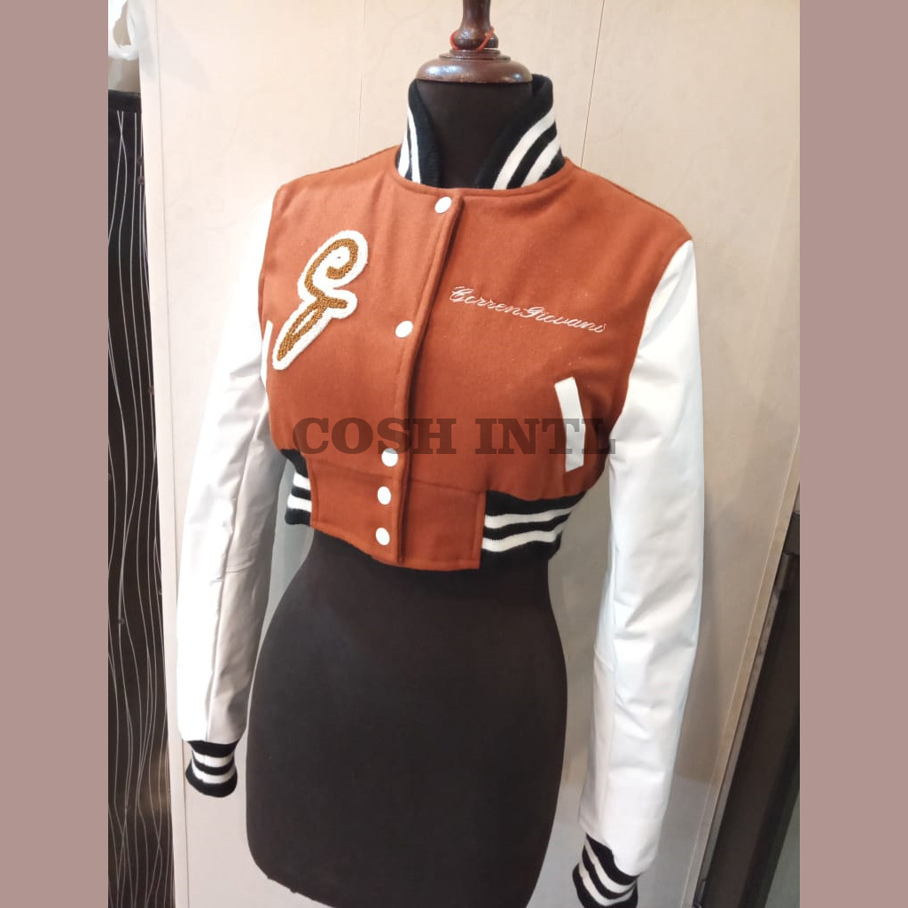 Customized Women Short Crop Top Baseball jackets With Chenille Embroidered Patches Vendor Supplier Manufacturer From Pakistan