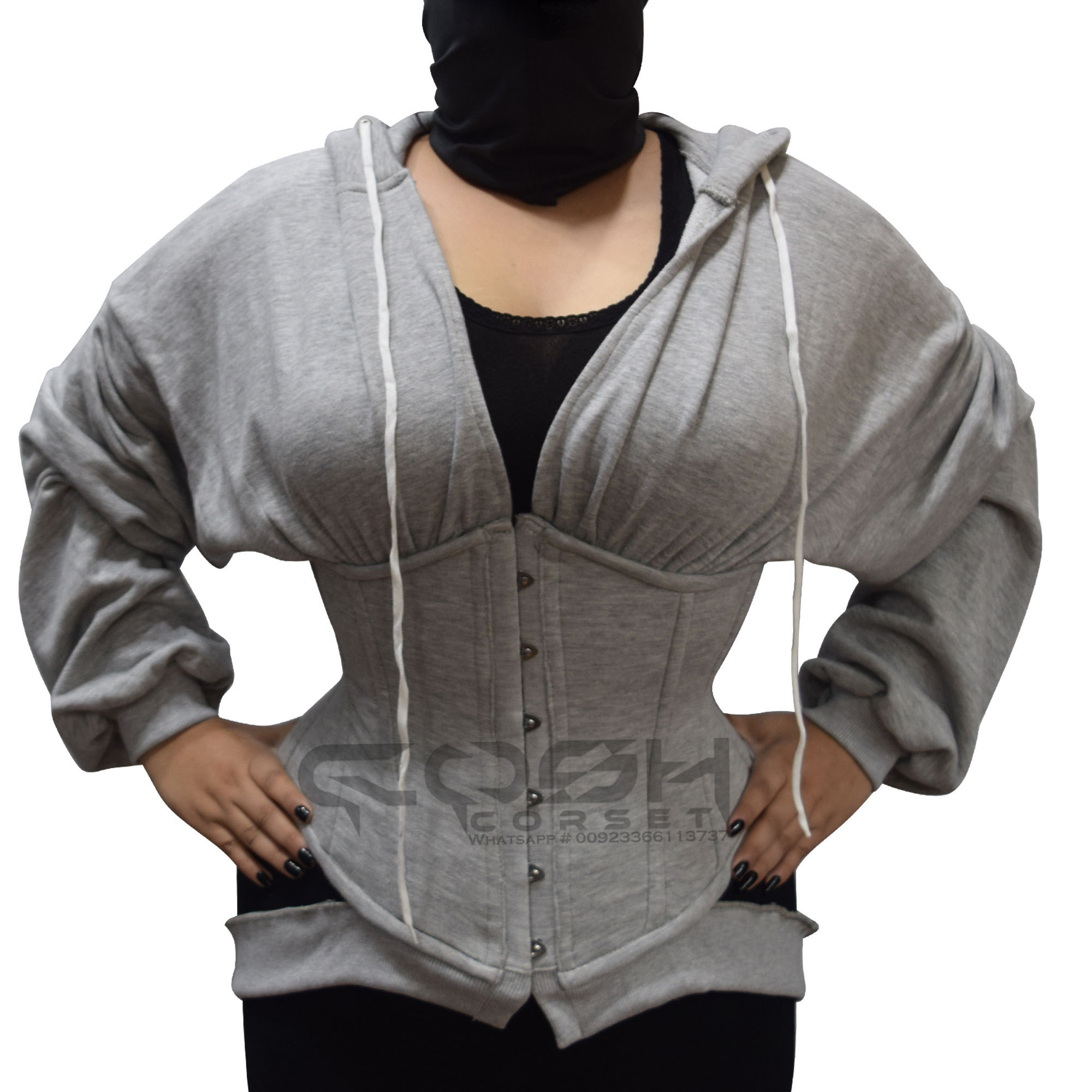 Underbust Steel Boning Sexy Grey Polyester Cotton Fleece Corset lose fitting baggy style lacedup Hoodies Warm Fashion