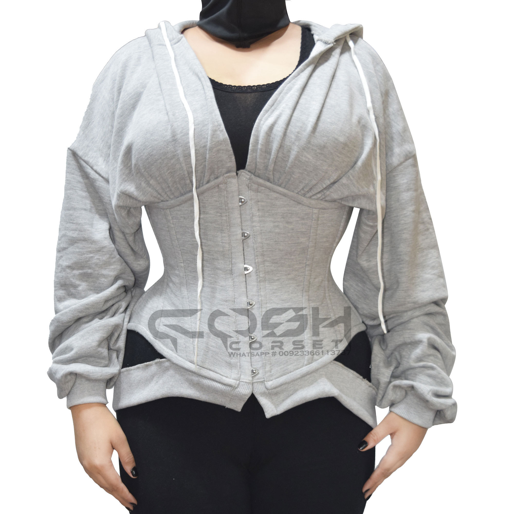 Underbust Steel Boning Sexy Grey Polyester Cotton Fleece Corset lose fitting baggy style lacedup Hoodies Warm Fashion