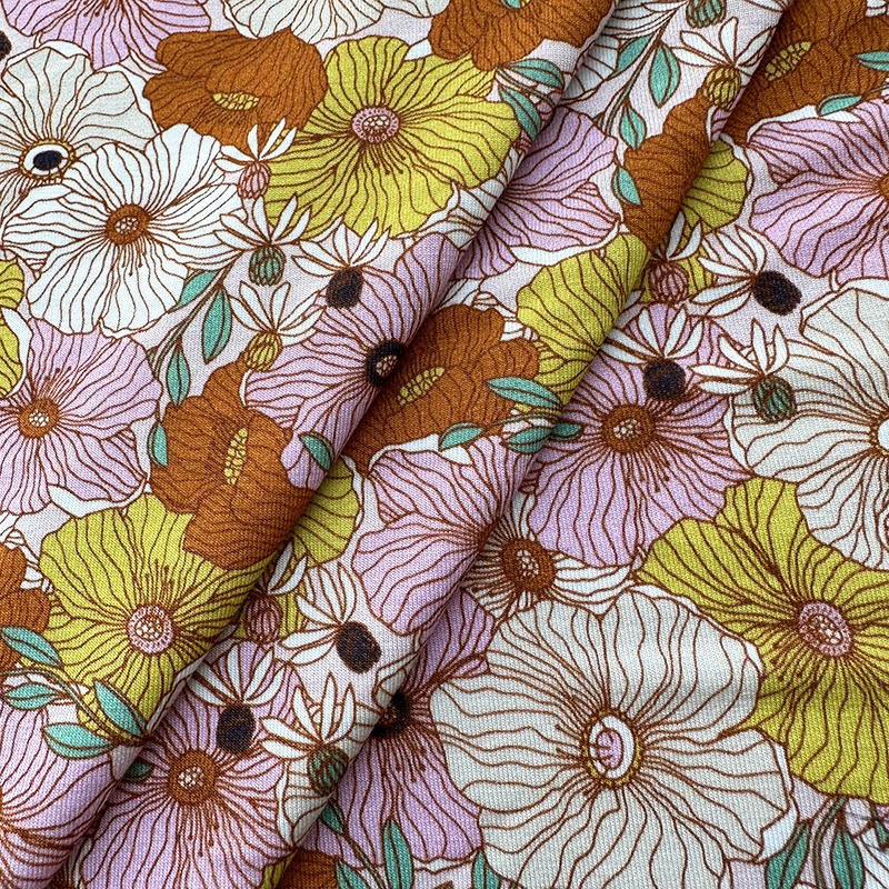 Bamboo 4 Way Spandex 7 OZ Oem&Odm Hand Drawn Blossom Vintage Floral Custom Printed Viscose Jersey Fabric Low MOQ Wholesale