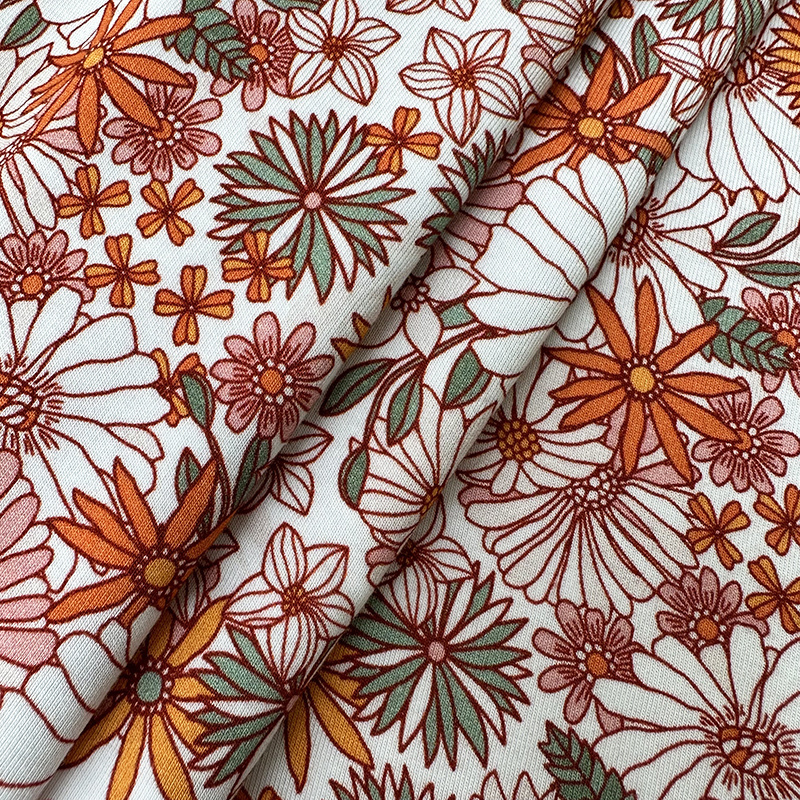 Bamboo 4 Way Spandex 7 OZ Oem&Odm Hand Drawn Blossom Vintage Floral Custom Printed Viscose Jersey Fabric Low MOQ Wholesale