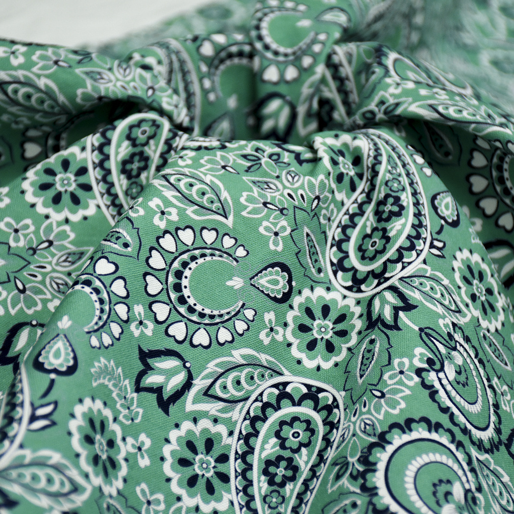 Custom Low Moq Digital Printing Ethnic Botanical Green Paisley 100% Cotton canvas Fabric 250gsm for Hat