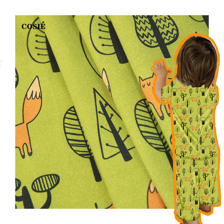 Custom 220gsm 95%Cotton 5%Spandex Jersey Knit Fabric Cartoon Fox Pattern Digital Printing Cotton  Plain Weave for Baby Pajama