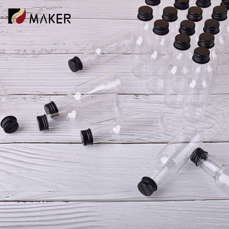 Wholesale Custom 50ml Mini Small Sample Alcohol Juice Drinks Plastic Wine Spirit Bottle Liquor PET Clear Bottle With Screw Lid