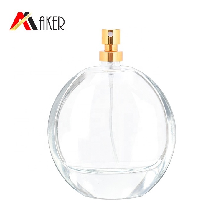 2024 New arrival luxury round 100ml clear crystal glass perfume bottle with gold mist sprayer