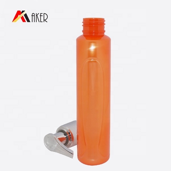 150ml empty orange flat plastic PET shampoo bottle with lotion pump