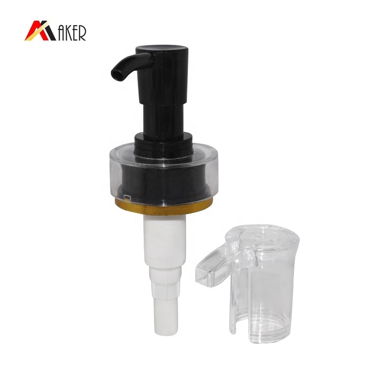 Hot sale black 32/410 PP plastic lotion shampoo pump lids liquid soap dispenser pump cap with gold rim and clear ABS cover lid