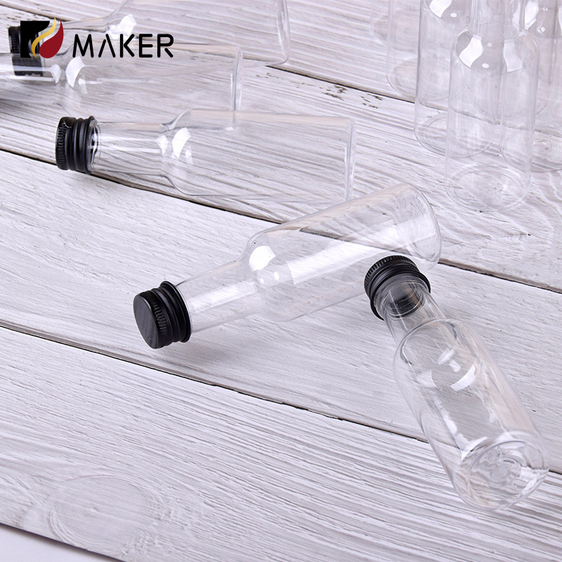 Wholesale Custom 50ml Mini Small Sample Alcohol Juice Drinks Plastic Wine Spirit Bottle Liquor PET Clear Bottle With Screw Lid