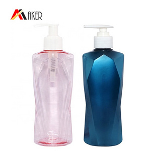 Wholesale Empty Plastic PET Bottle For Shampoo Hot Design 300ml Custom Translucent Blue And Pink Lotion Pump Beauty Packaging