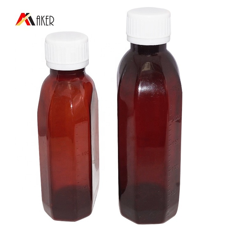 Custom Empty 150ml 250ml amber flat PET pharmaceutical grade bottles packer medicine pill liquid cough syrup plastic bottle