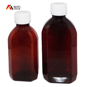 Custom Empty 150ml 250ml amber flat PET pharmaceutical grade bottles packer medicine pill liquid cough syrup plastic bottle