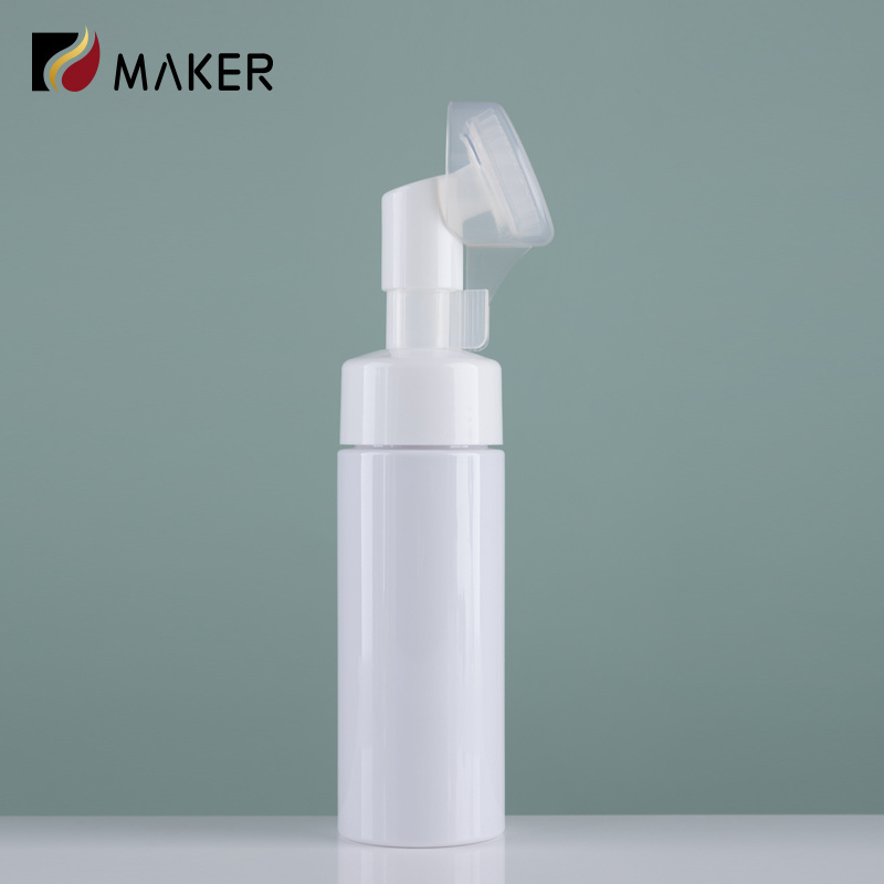 Custom 100Ml 120Ml 150Ml 180Ml 200Ml White Cosmetic Facial Cleanser Mousse Foam Pump Bottle With Silicone Brush Foaming Head