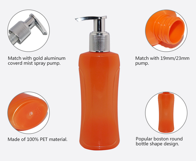 150ml empty orange flat plastic PET shampoo bottle with lotion pump