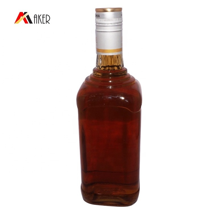 New China supplier 700ml clear square liquor bottles empty glass rum vodka whisky bottle with cap