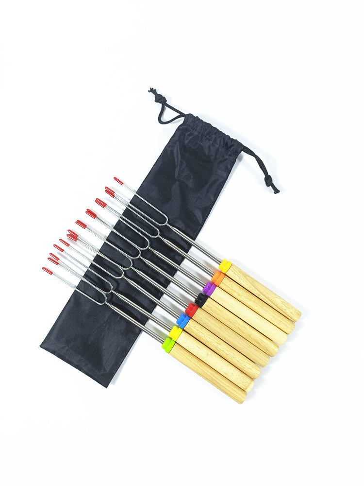 Extendable Forks Smores Skewers Wooden Handle Telescopic Marshmallow Roasting Sticks for Campfire Camping Stove BBQ