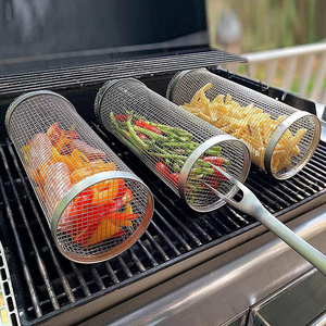 Camping meat bbq tools accessories set stainless steel gridiron barbecue net wire mesh Korea outdoor rolling bbq grill basket