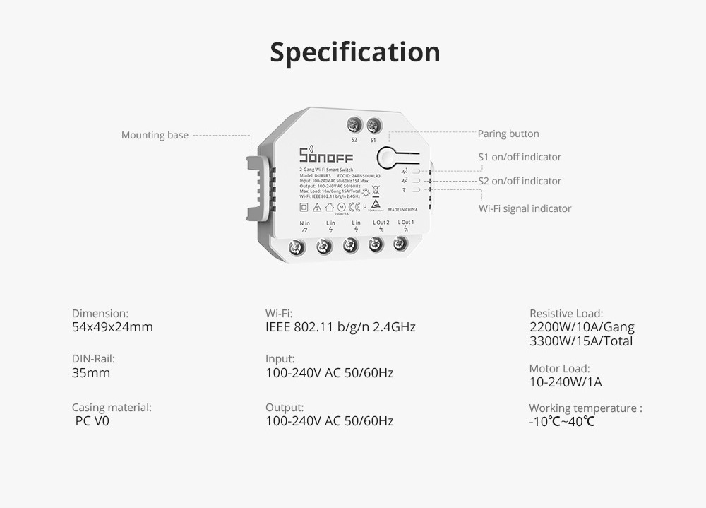 SONOFF DUAL R3 Smart WIFI Switch 2 Gang Dual Relay Module Control