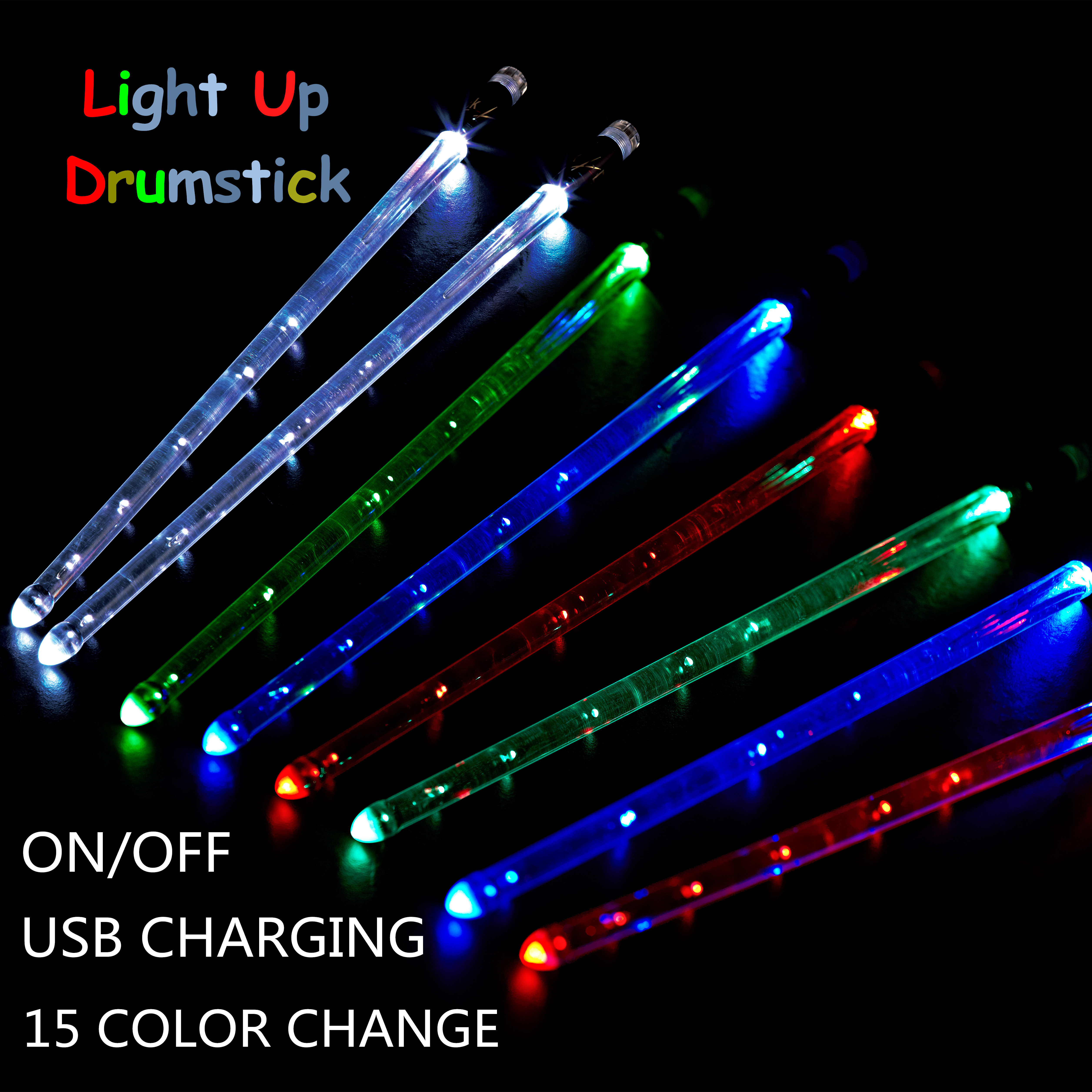 Multi Color Luminous Drum Stick 5A LED Light up with Switch USB Rechargeable Drumsticks