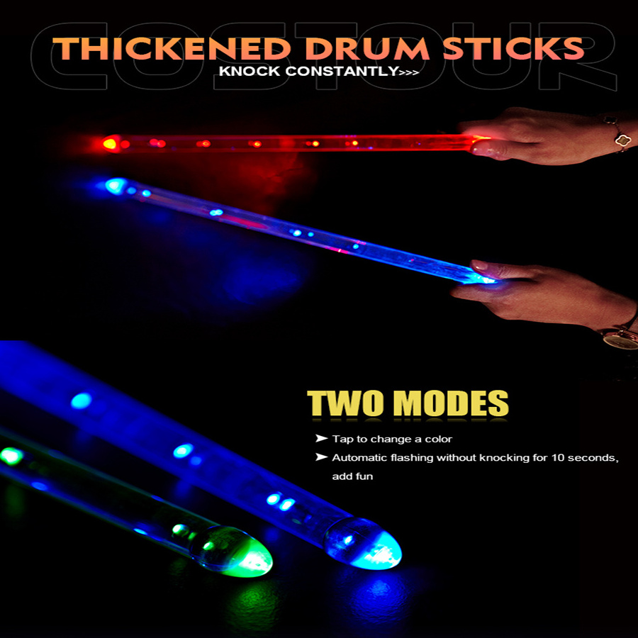 Rechargeable 15 Color Changing LED Light Up Drum Sticks Drummer Gifts Glow In The Dark Plastic Drum Sticks for Adults