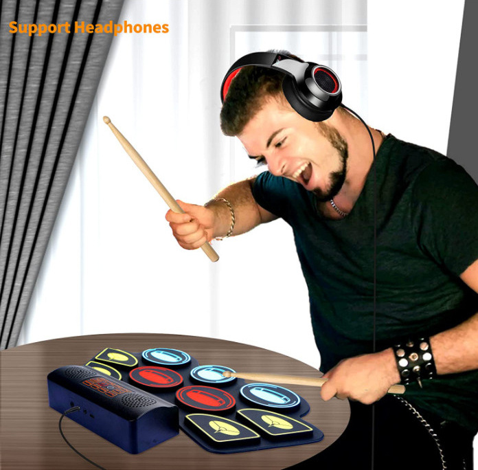 Portable Roll Up 9 Pad Digital Drum Kit Built-in Dual Stereo Speakers Bluetooth Wireless Electric Drums