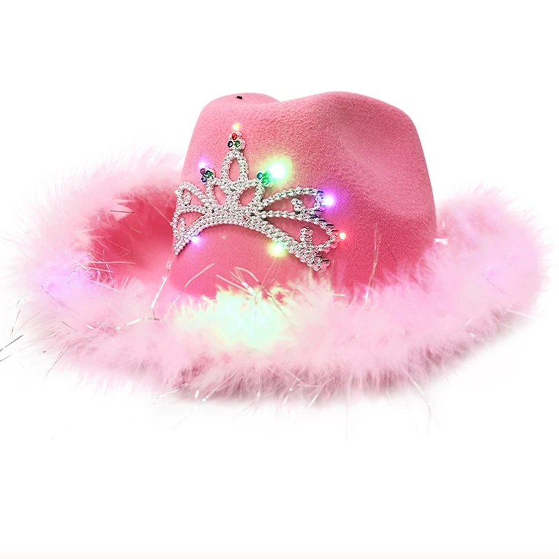 Western Style Women Pink Led Cowboy Hat Birthday Party Glitter Pink Cowgirl Hat Light Up Cowboy Hat