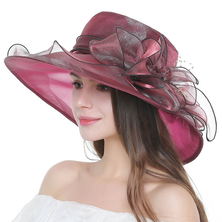 wholesale custom kentucky derby hat ladies flat wide brim colored organza wedding church hat for women