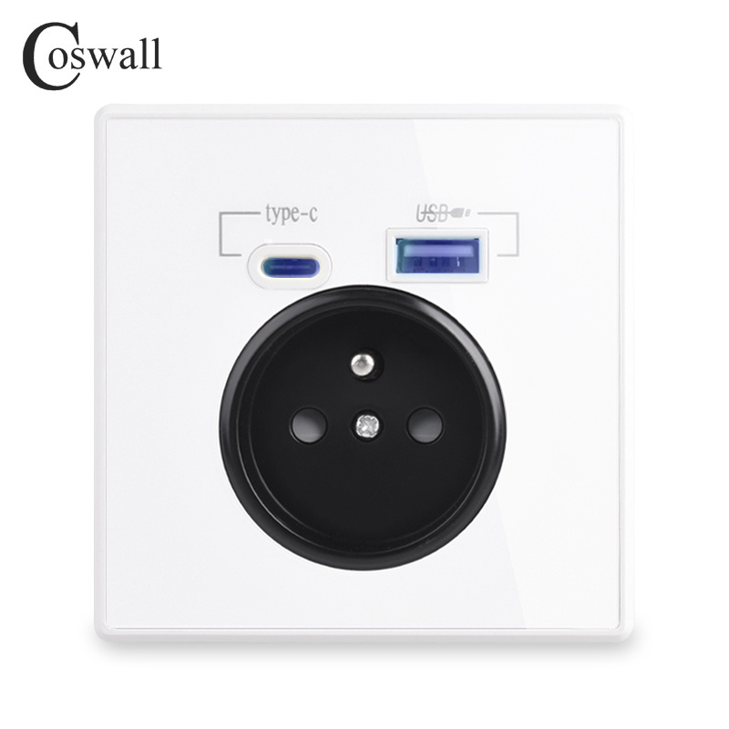 COSWALL Factory Acrylic Panel Electrical Outlet Dual USB Type A Fast Charging C Wall Socket French Standard Polish Belgium Plug