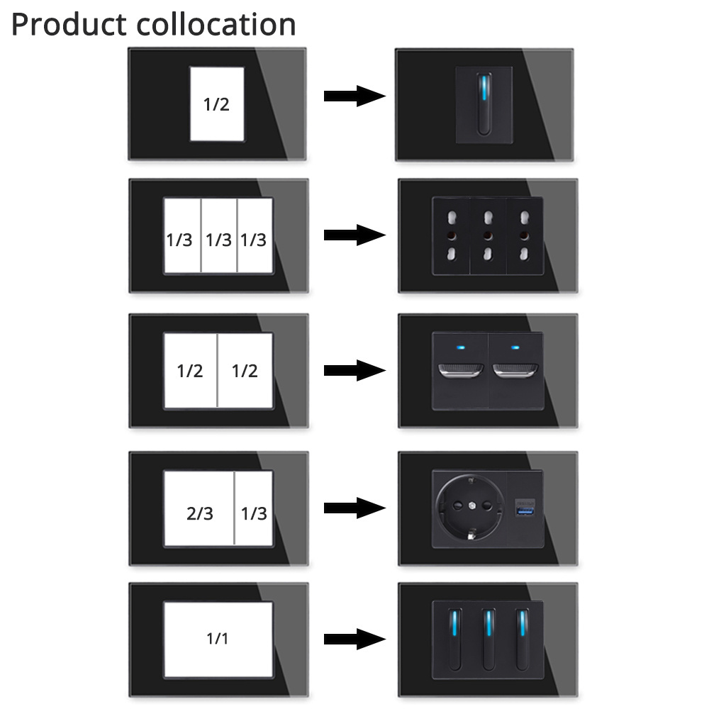 Coswall US Size Glass Panel Toggle Wall Light Switch EU/FR/BR/UK/Italian Standard Socket  HDMI compatible USB CAT6 Module DIY