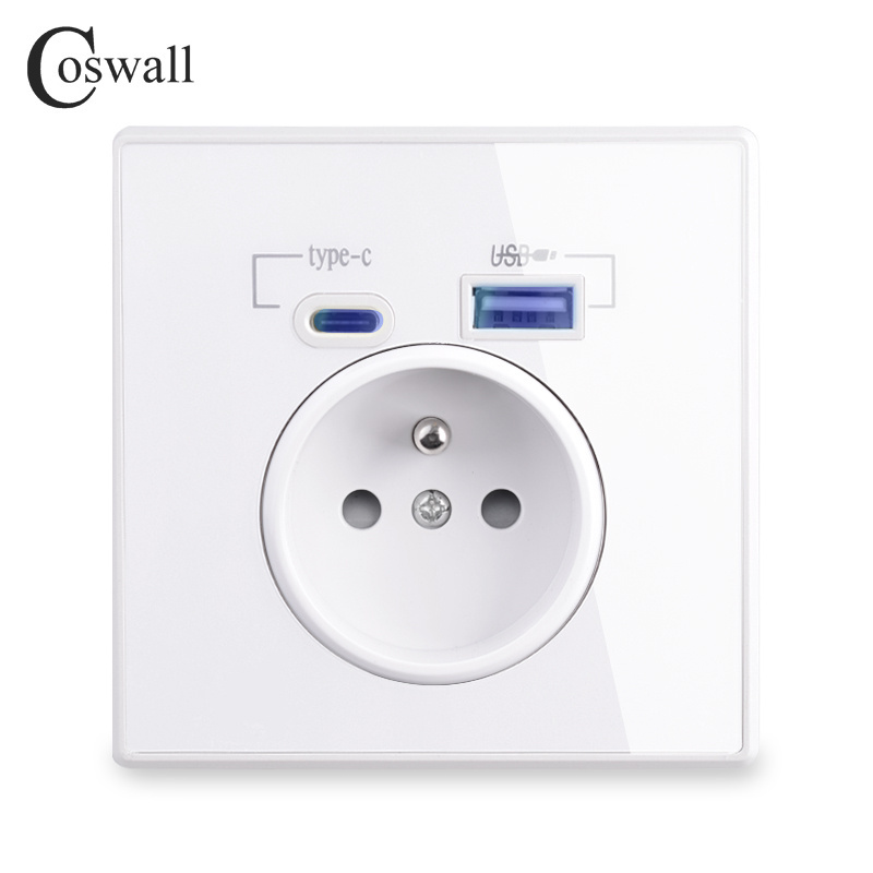 COSWALL Factory Acrylic Panel Electrical Outlet Dual USB Type A Fast Charging C Wall Socket French Standard Polish Belgium Plug