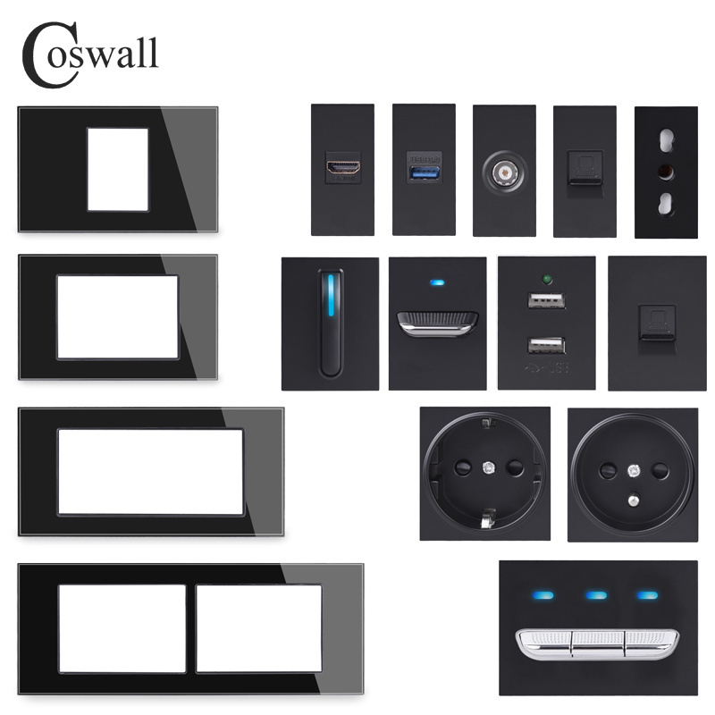 Coswall US Size Glass Panel Toggle Wall Light Switch EU/FR/BR/UK/Italian Standard Socket  HDMI compatible USB CAT6 Module DIY