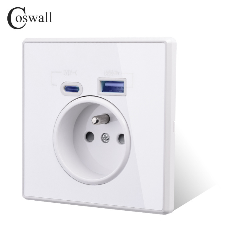 COSWALL Factory Acrylic Panel Electrical Outlet Dual USB Type A Fast Charging C Wall Socket French Standard Polish Belgium Plug