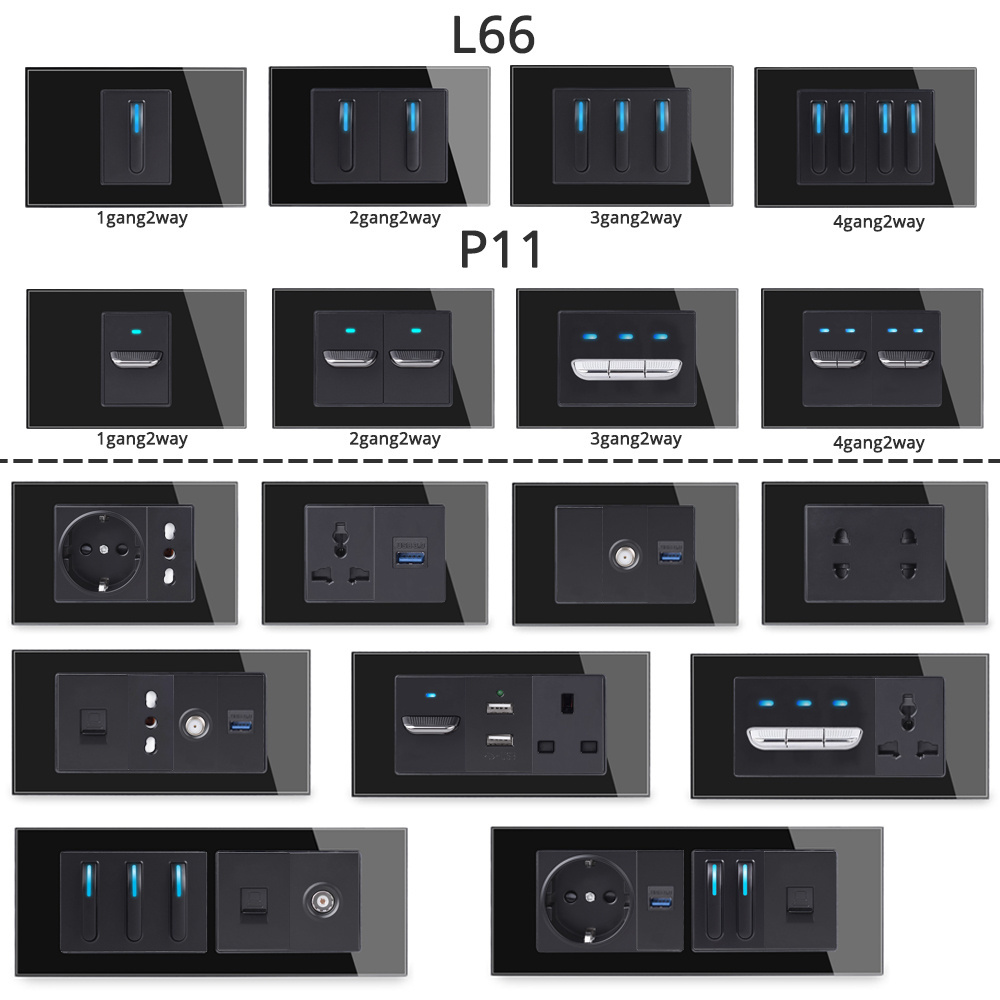 Coswall US Size Glass Panel Toggle Wall Light Switch EU/FR/BR/UK/Italian Standard Socket  HDMI compatible USB CAT6 Module DIY