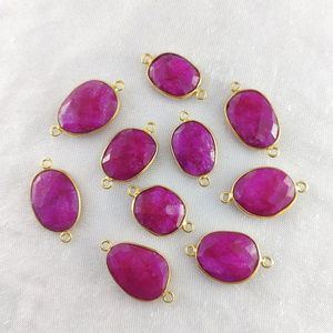 Dyed Ruby Corundum Connector Gold Plated Silver 925 Bezel Pendant Charms Connectors Link Chain Finding Jewelry