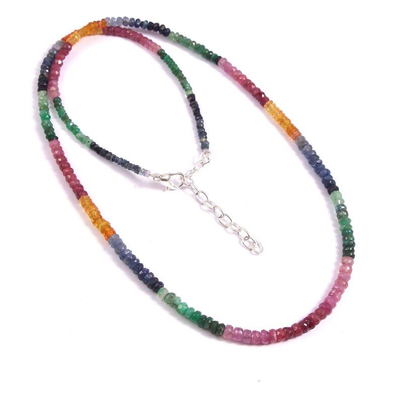 Natural Multi Precious Ruby Emerald Sapphire Stone Beaded Necklace Latest Trendy Fashion Design