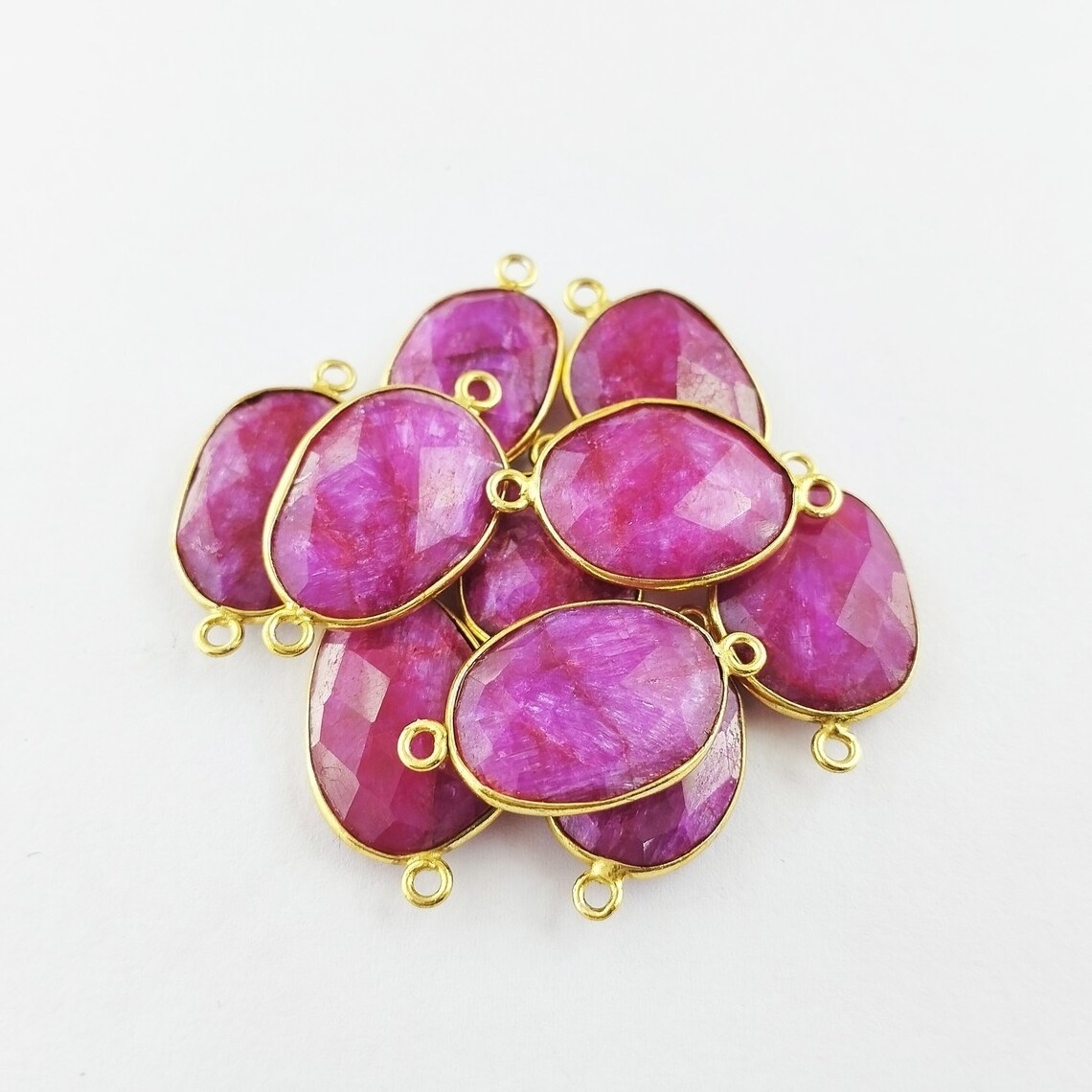 Dyed Ruby Corundum Connector Gold Plated Silver 925 Bezel Pendant Charms Connectors Link Chain Finding Jewelry