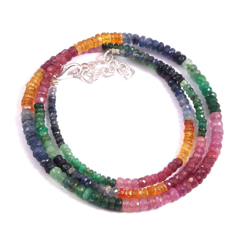 Natural Multi Precious Ruby Emerald Sapphire Stone Beaded Necklace Latest Trendy Fashion Design