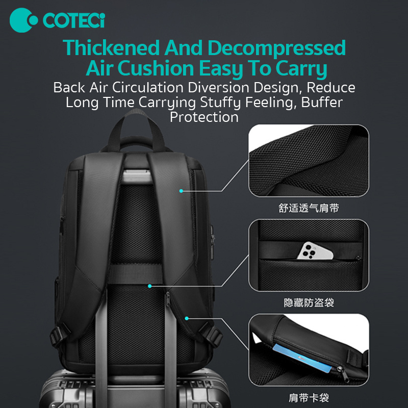 COTECi 15.6 Inch EVA Hard Shell Expansion Backpack Anti-Theft Business Travel Bag with USB Charging and Zipper Closure