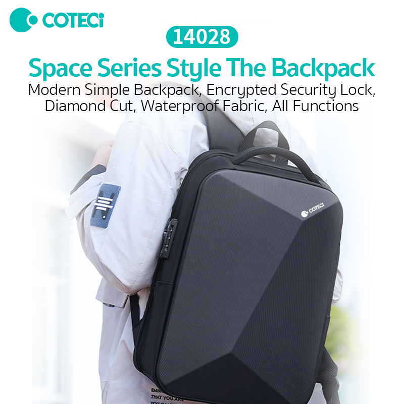 COTECi 15.6 Inch EVA Hard Shell Expansion Backpack Anti-Theft Business Travel Bag with USB Charging and Zipper Closure