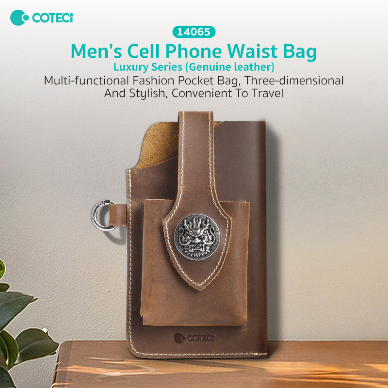 COTECI Unisex Genuine Cowhide Leather Waist Bag Multifunctional Mobile Phone Cigarette Case with Key Hanging Strap Wearing Belt