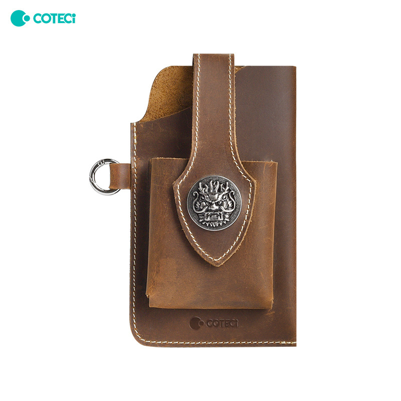 COTECI Unisex Genuine Cowhide Leather Waist Bag Multifunctional Mobile Phone Cigarette Case with Key Hanging Strap Wearing Belt