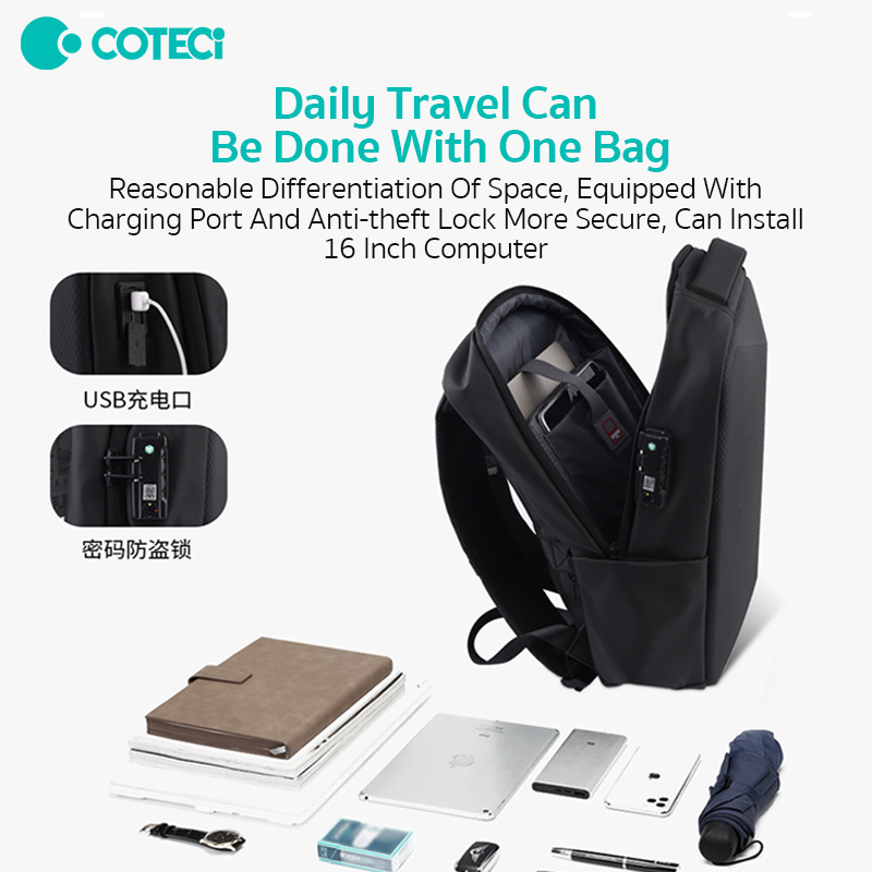 COTECi 15.6 Inch EVA Hard Shell Expansion Backpack Anti-Theft Business Travel Bag with USB Charging and Zipper Closure