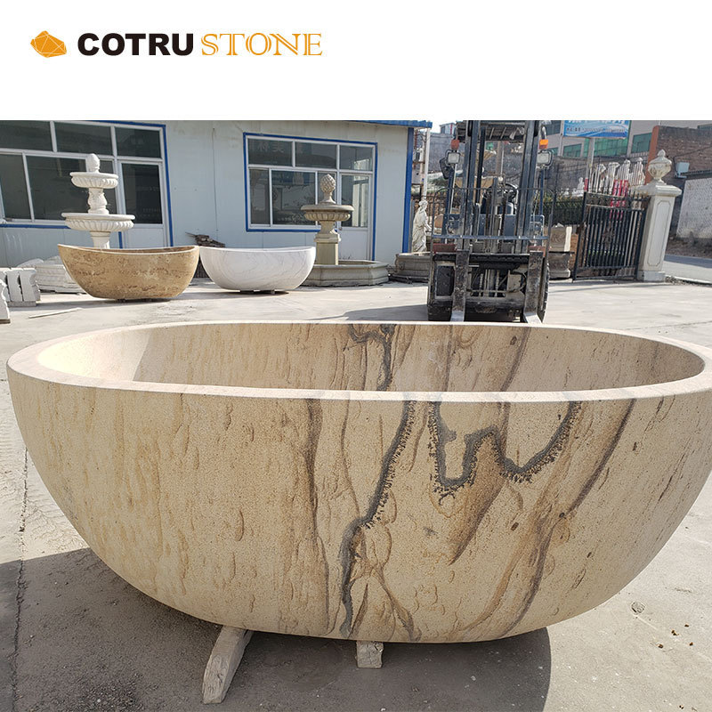 Custom Made Oval Round Stand Bathtub And Bathroom Stone Solid Surface Freestanding Wooden Veins Sandstone For Modern Bathr