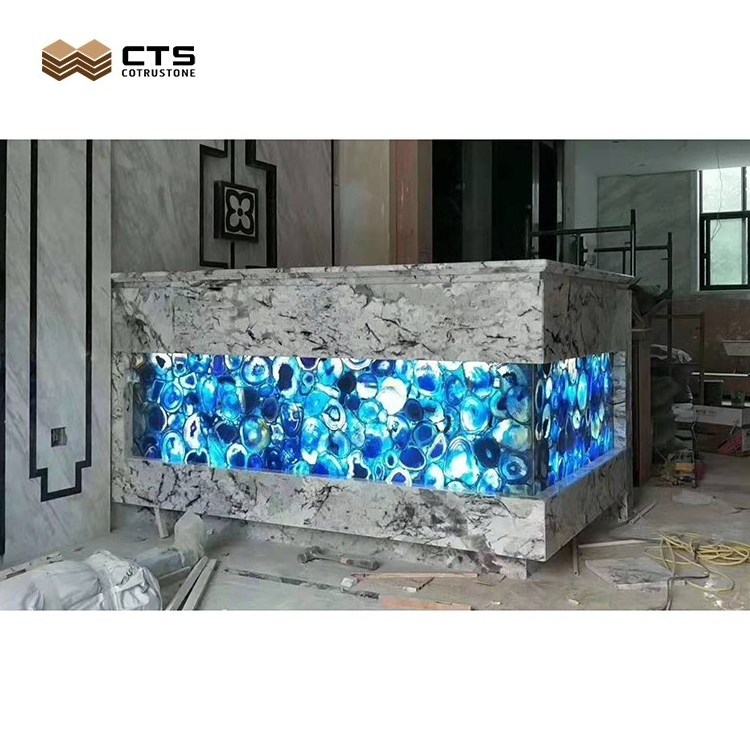 Luxury Villa Kitchen Translucent Crystal 
 Blue Agate Slab Countertop